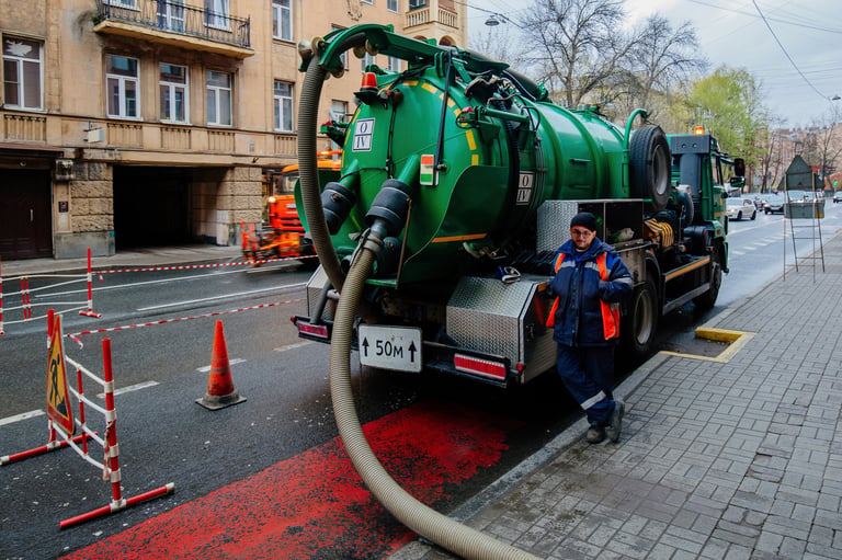 Sewage cleaning vacuum truck. Septic cleaning vacuum service and maintenance.