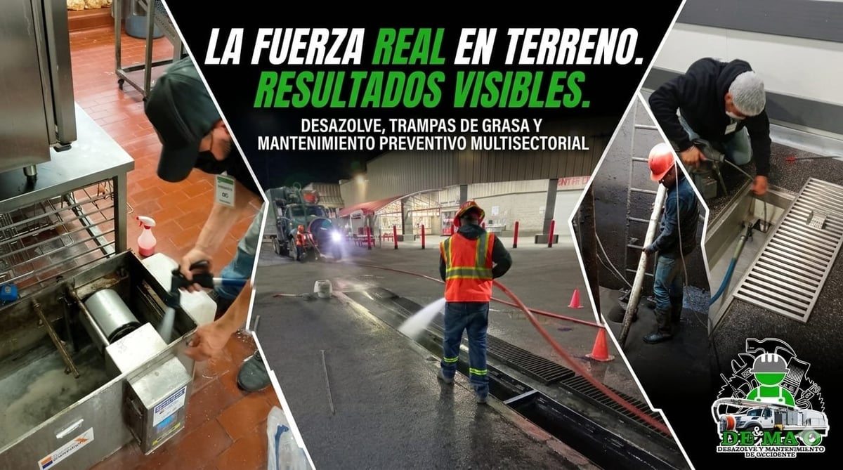 Professional maintenance workers performing industrial cleaning, degreasing, and preventive maintenance on commercial flooring