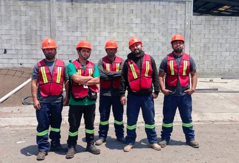 Five construction workers in safety gear standing in a line on a job site in front of a brick wall